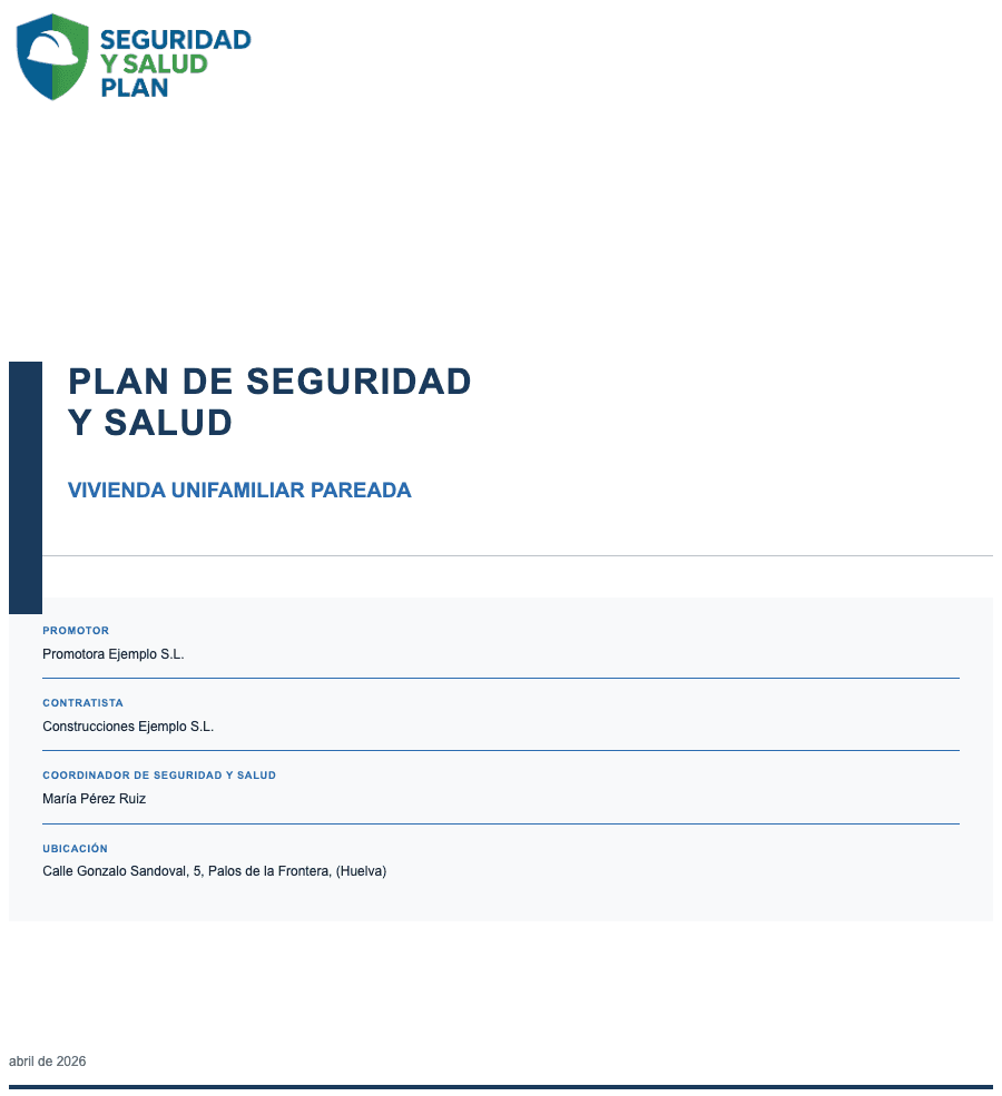 Portada del ejemplo de Plan de Seguridad y Salud